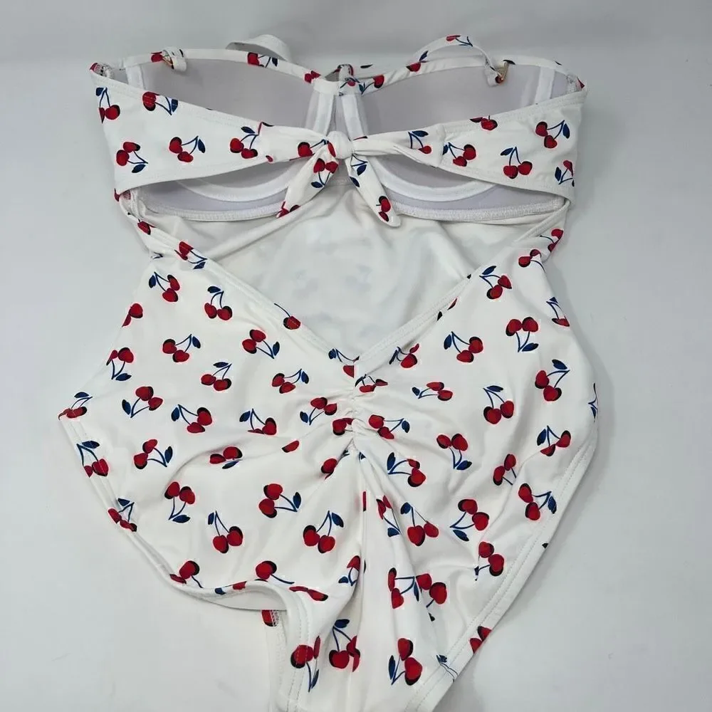 Kate Spade Molded Cup Bandeau Underwire One Piece Swimsuit - Cherry Toss Sz S